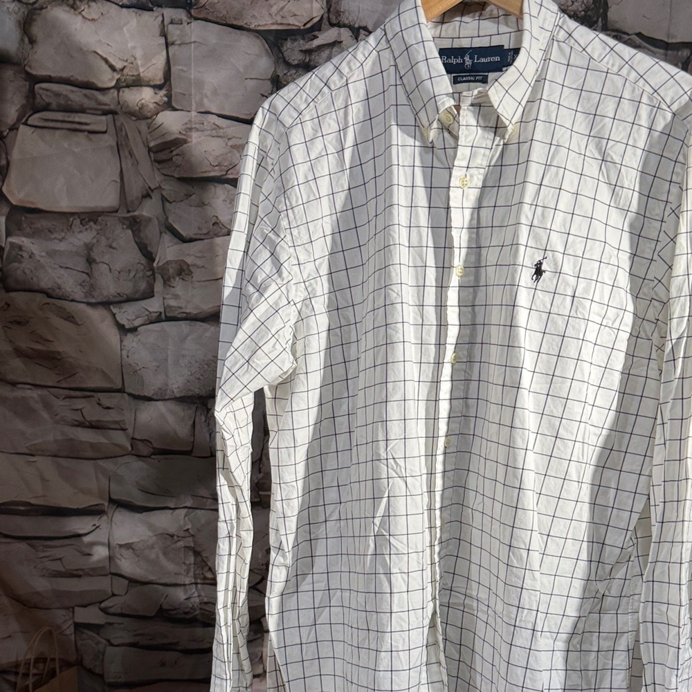 Ralph Lauren White Button-Down Shirt with Black grid